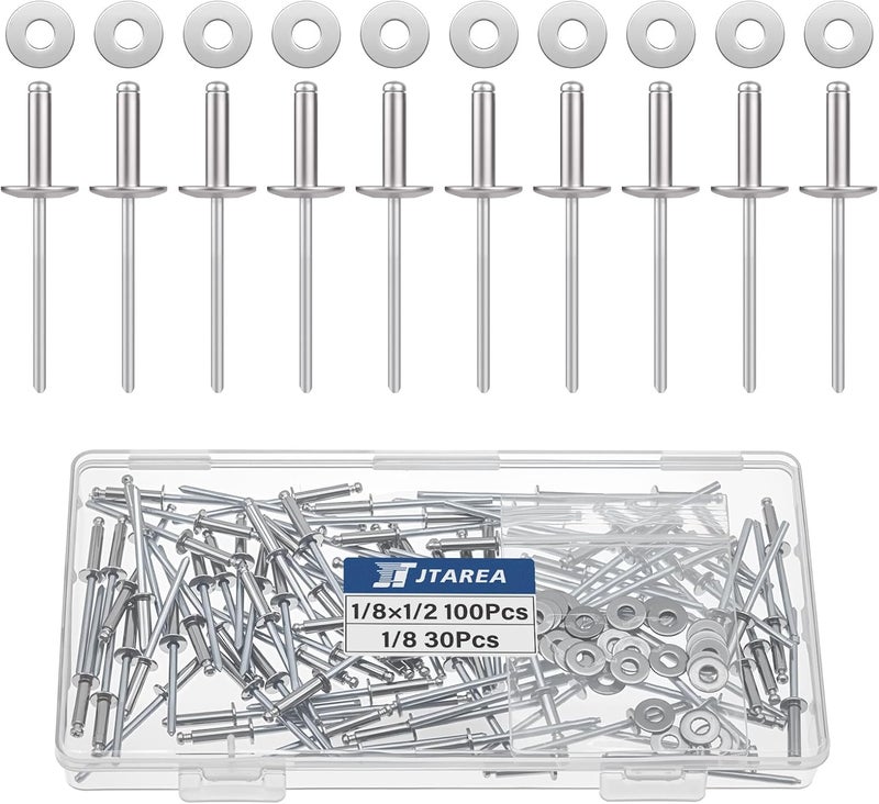 JTAREA 130pcs 1/8" x 1/2" Stainless Steel Pop Rivets with Stainless Steel Washers 3.2 x 12.7mm Blind Rivet Assortment Kit - Image 1